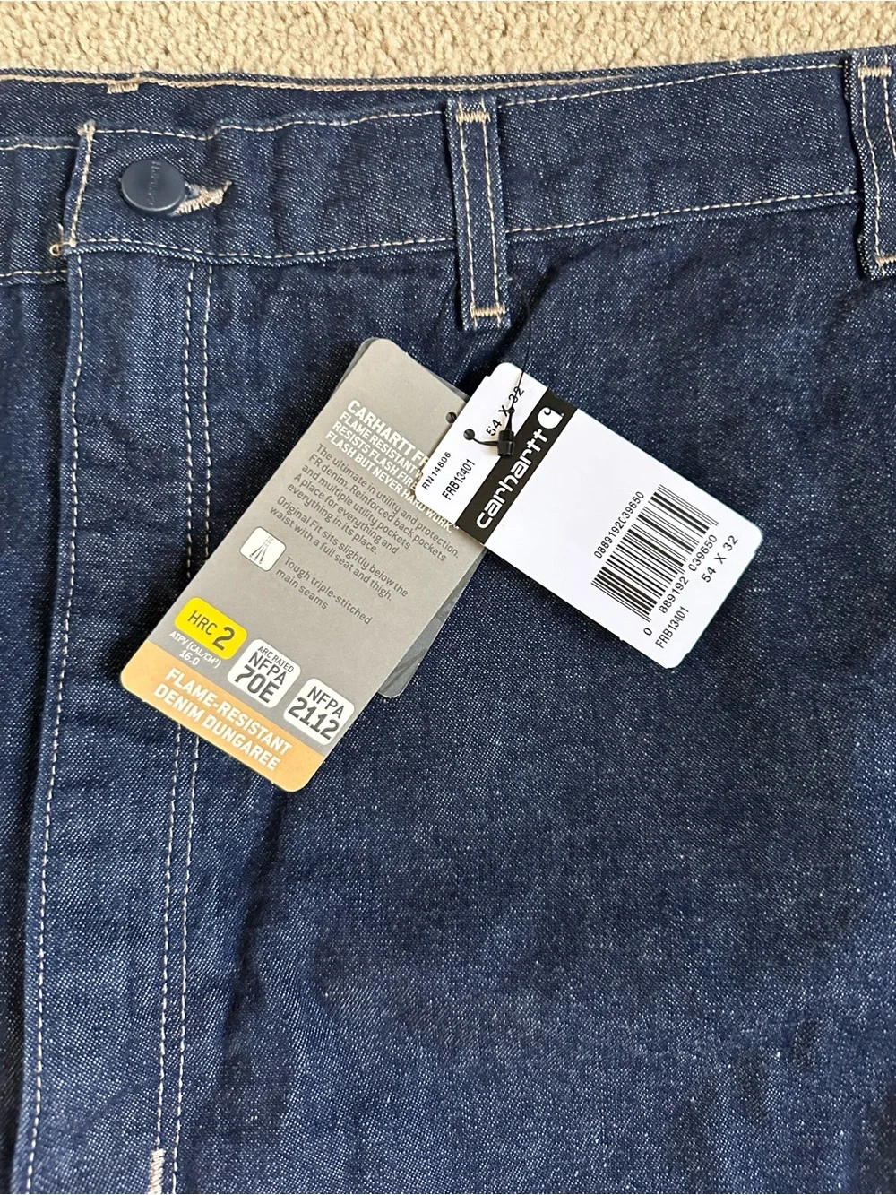 Carhartt Men’s FR Denim Jeans 54x32 Blue FRB13401 Straight Leg Workwear